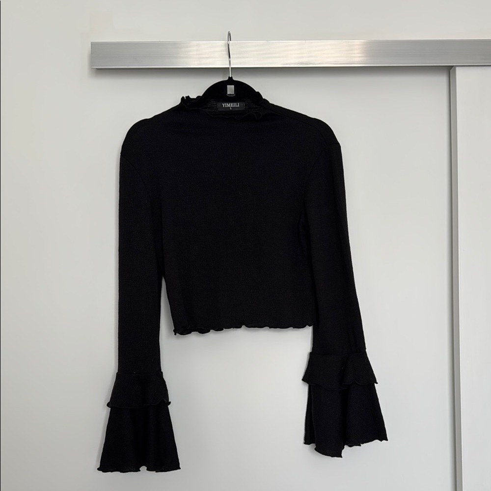 Trendy Black Ruffled Sleeve Blouse